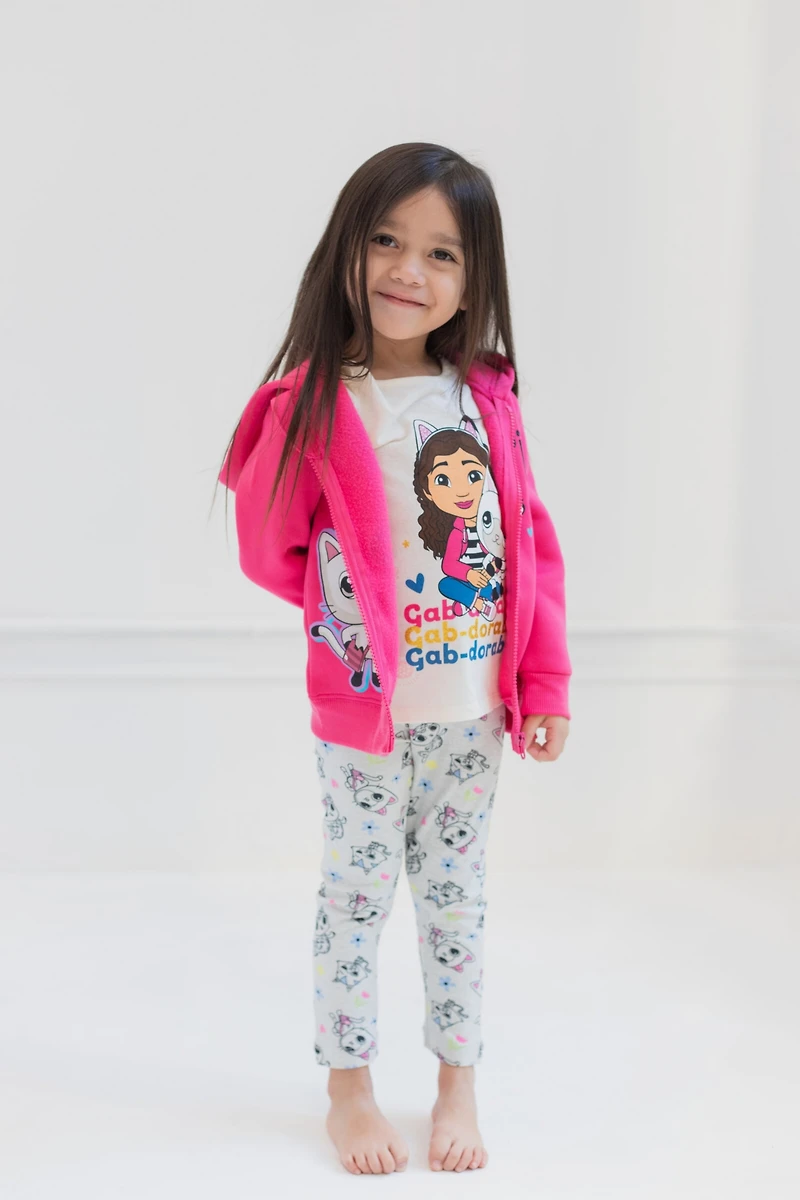Gabby's Dollhouse Little Girls Dreamworks Gabbys Pandy Paws Zip Up Fleece Hoodie Graphic T-Shirt and Leggings 3 Piece Outfit Set Toddler|Chi