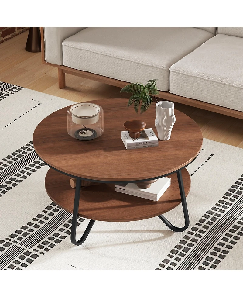 2-Tier Round Coffee Table with Wood Grain Finish & Heavy-duty Metal Frame
