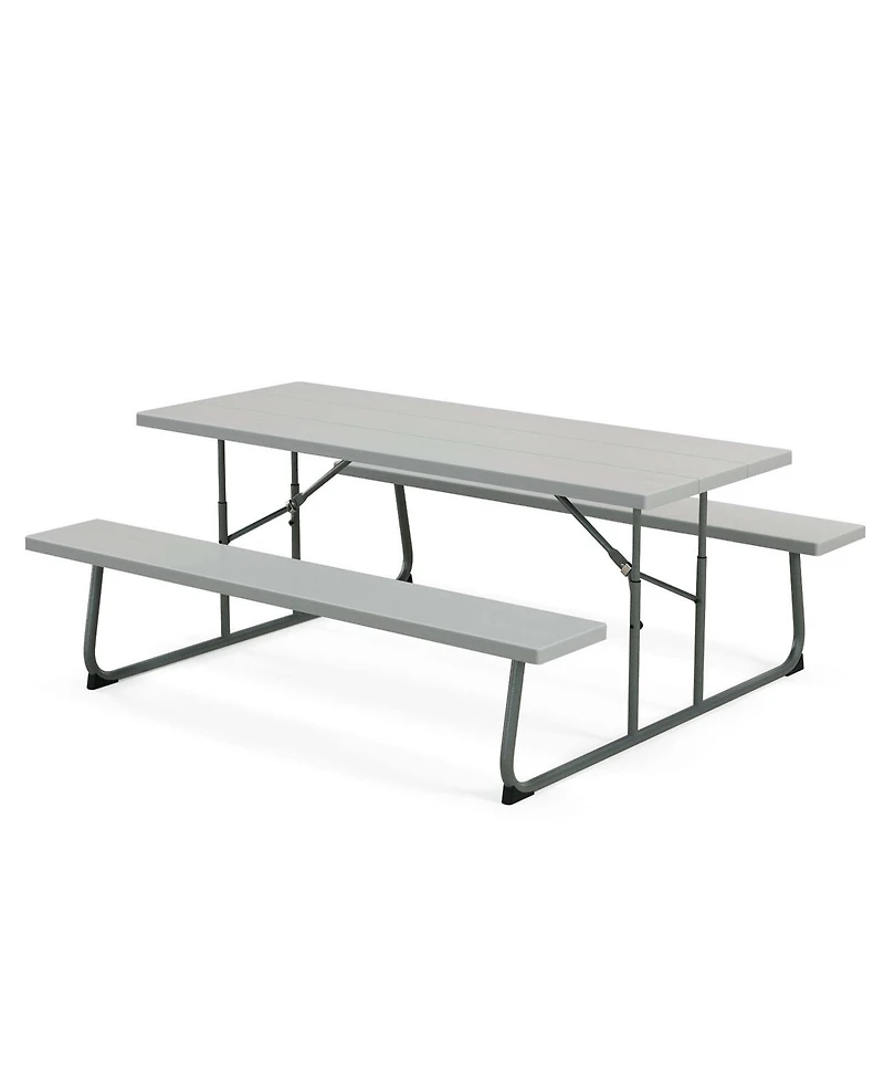 Costway Folding Picnic Table with Wood-like Tabletop, Umbrella Hole, 2 Benches for 8 Person