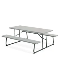 Costway Folding Picnic Table with Wood-like Tabletop, Umbrella Hole, 2 Benches for 8 Person
