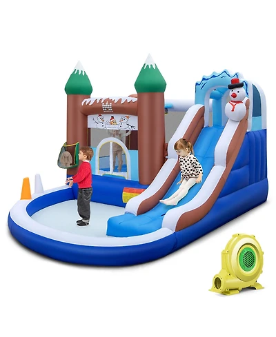 6-in-1 Winter Theme Snowman Inflatable Castle Kids Bounce House with 735W Blower