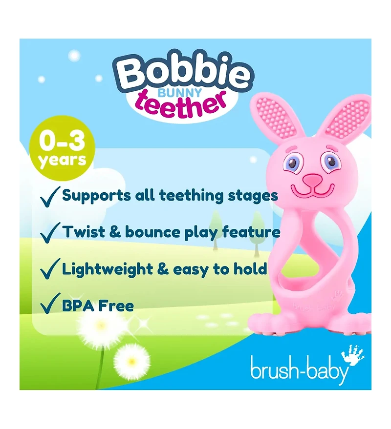Brush-Baby Bobbie Bunny Baby Teether Toy Rose Pink | Twist & Bounce Teething Toy