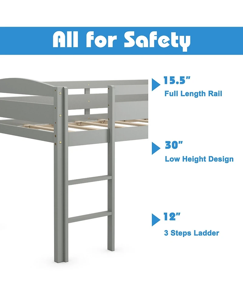 Gymax Twin Loft Bed Wooden Slats Support Frame w/ Ladder & Guardrails Espresso