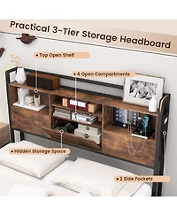 Gymax Queen Size Bed Frame w/ Bookcase Headboard & 4 Storage Drawers Vintage Brown