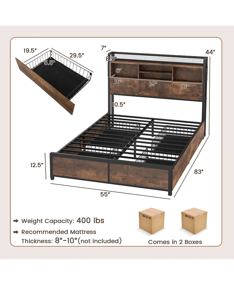 Gymax Full Size Bed Frame w/ Bookcase Headboard & 4 Storage Drawers Vintage Brown