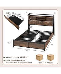 Gymax Full Size Bed Frame w/ Bookcase Headboard & 4 Storage Drawers Vintage Brown