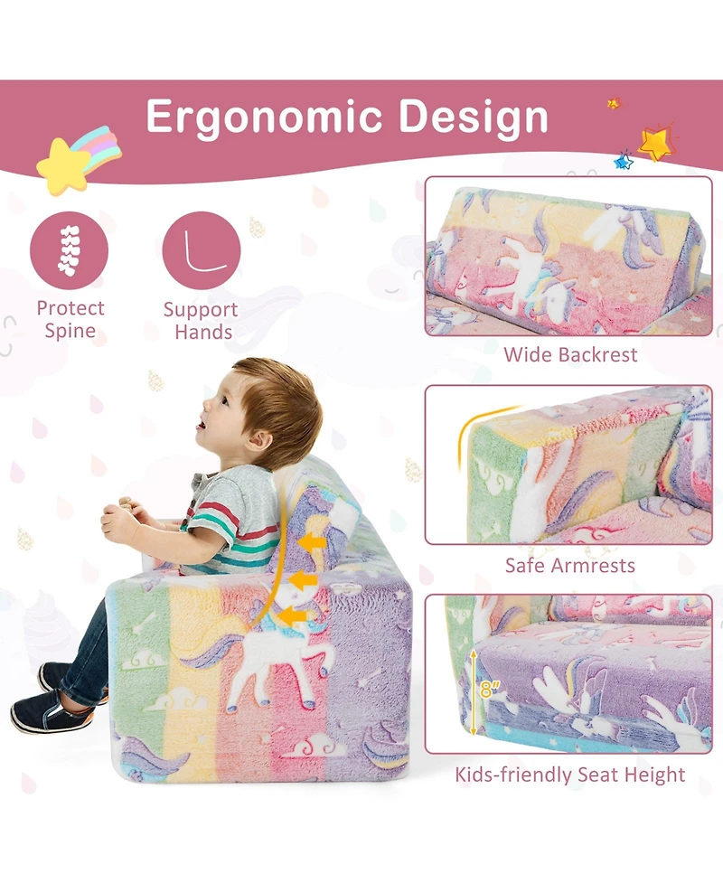 2-in-1 Flip Out Kids Sofa Chair with Detachable Flannel Fabric Cover and Glowing Patterns