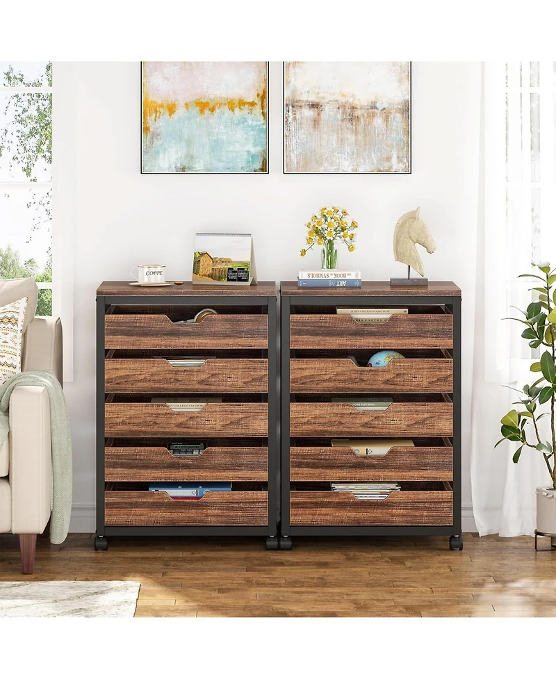 Tribesigns 5 Drawer Chest, Wood Storage Dresser Cabinet with Wheels, Industrial Storage Drawer Organizer Cart for Office Bedroom Entryway