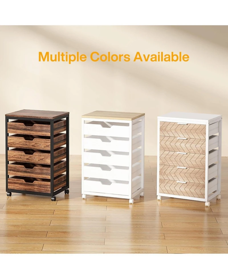 Tribesigns 5 Drawer Chest, Wood Storage Dresser Cabinet with Wheels, Industrial Organizer Cart for Office Bedroom Entryway