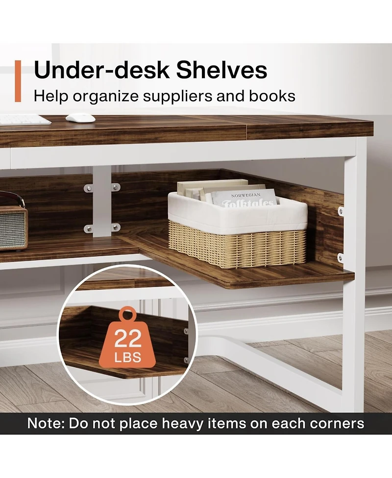 Tribesigns 63" Executive Desk with Bottom Shelves, Large Office Computer Desk, Modern Simple Workstation Business Furniture (Walnut & White)