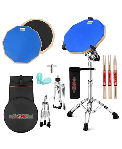 5 Core Drum Practice Pad Set 12" Adjustable Snare Drumming Stand Double Sided Silent Drummer Kit