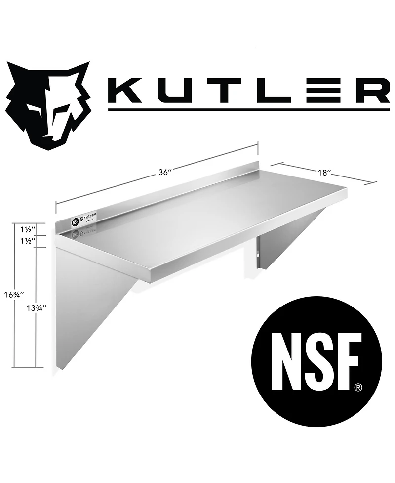 Kutler 18" x 36" Stainless Steel Shelf, Nsf Commercial Wall Mount Shelving w/ Backsplash, Floating Metal Mounted Shelves for Restaurant, Kit