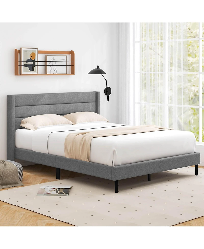 Costway Queen Bed Frame with Wingback Headboard Linen Upholstered Platform
