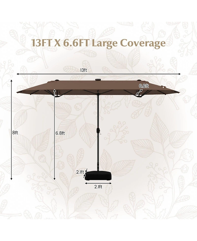 13FT Double-sided Patio Umbrella with Solar Lights Crank Handle Base