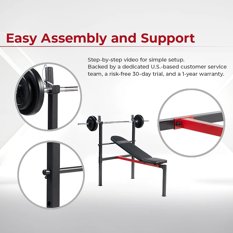 Sunny Health & Fitness Adjustable Standard Incline Weight Bench, Bench Press with Barbell Rack