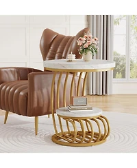 Tribesigns Round End Table: 2 Tiers Faux Marble Side Table with Storage Shelf, Bedside Nightstand, Metal Arc-Shaped Frame Accent Table