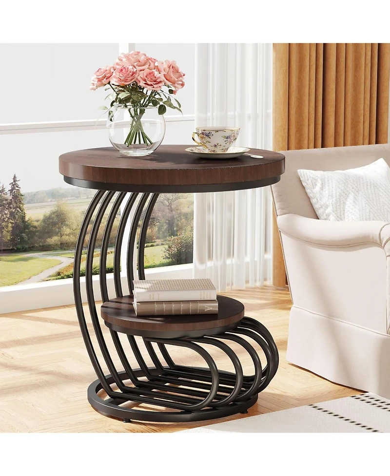 Tribesigns Round End Table: 2 Tiers Faux Marble Side Table with Storage Shelf, Bedside Nightstand, Metal Arc-Shaped Frame Accent