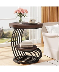 Tribesigns Round End Table: 2 Tiers Faux Marble Side Table with Storage Shelf, Bedside Nightstand, Metal Arc-Shaped Frame Accent