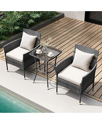 3 Pcs Patio Furniture Set witn Cushioned Chairs & Tempered Glass Coffee Table