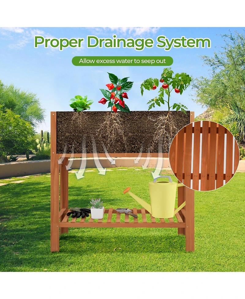 Skonyon Outdoor Raised Garden Bed Fir Wood Planter Box with Bottom Storage Shelf and Protective Liner-Brown