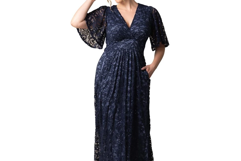 Kiyonna Plus Luminous Sequin Lace Evening Gown with Pockets