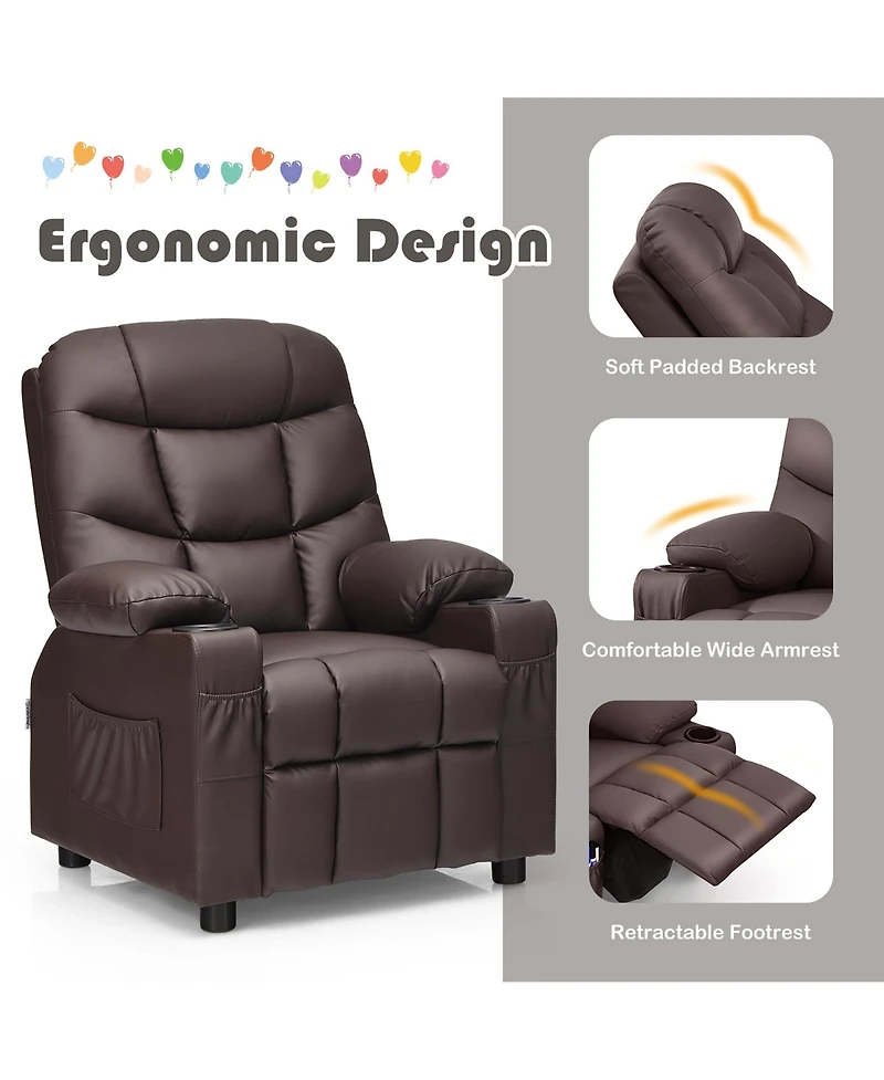 Kids Youth Recliner Chair Pu Leather w/Cup Holders & Side Pockets