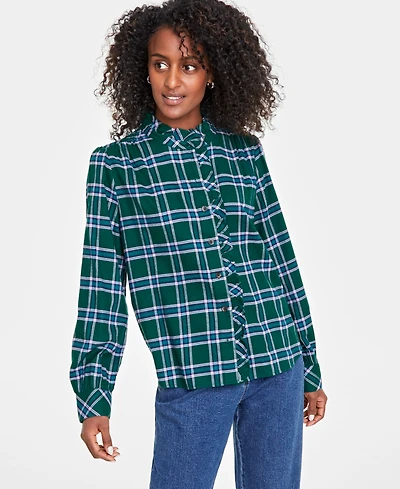 On 34th Women's Festive Plaid Ruffle-Neck Flannel Shirt