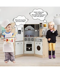 Gymax Kids Corner Wooden Kitchen Playset Pretend Cooking Toy w/ Cookware Accessories
