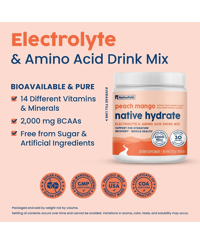 NativePath Native Hydrate, Zero Sugar, Electrolytes Powder with BCAAs, Peach Mango Hydration Powder, Keto & Paleo Friendly, 30 Servings