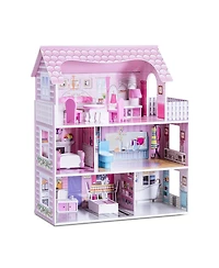 Gymax 28'' Pink Dollhouse w/ Furniture Gliding Elevator Rooms 3 Levels Young Girls Toy