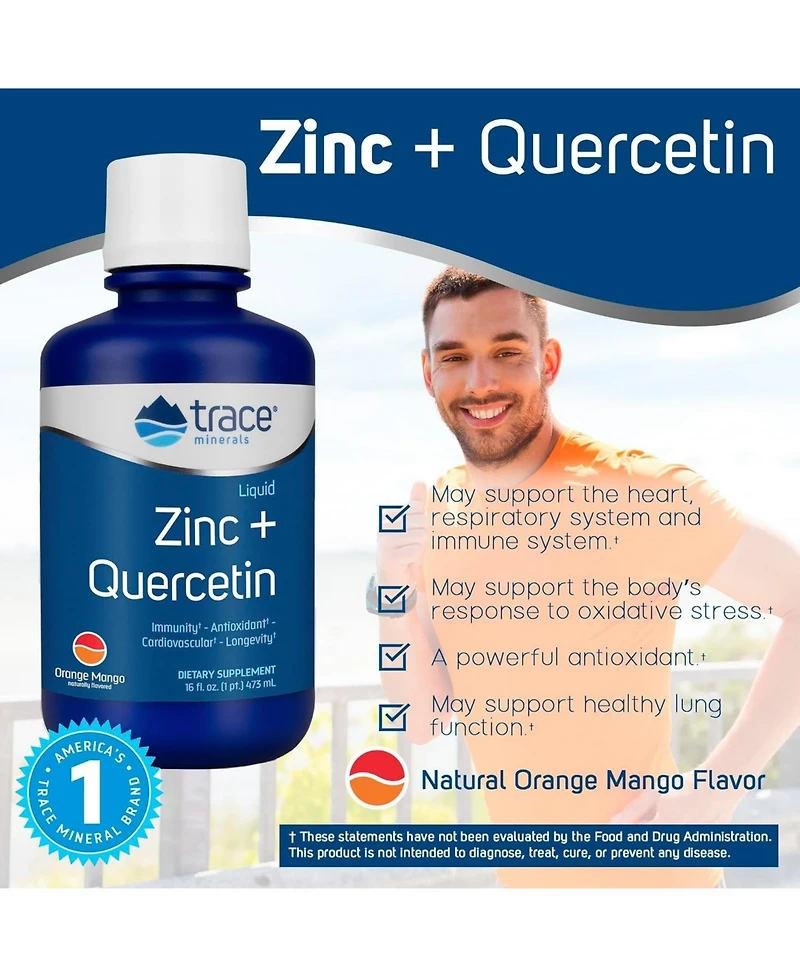 Trace Minerals Liquid Zinc + Quercetin | 25 mg Zinc, 200 mg Quercetin | Supports Normal Immune System Function | Natural Orange Mango Flavor | 32 Serv