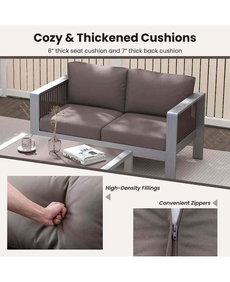 Patio Aluminum Loveseat Sofa Outdoor Furniture Set with Thick Back & Seat Cushions