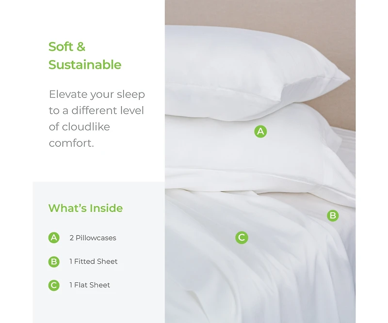 Cariloha Classic 4-Piece Twill Sheet Set | White | Split King | Viscose Material |Extra soft, Cooling for Hot Sleepers, Corner Bands