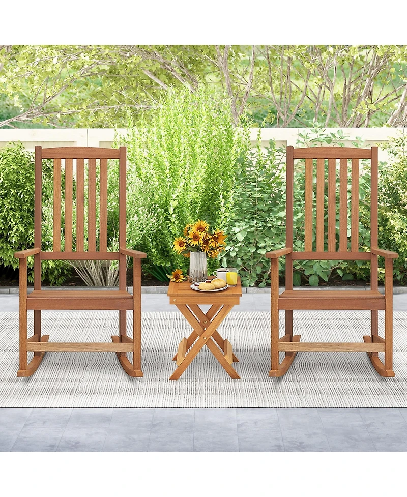 Wood Folding Square Table & 2pcs Rocking Chair Set with Slatted Seat & Tabletop