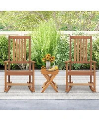 Wood Folding Square Table & 2pcs Rocking Chair Set with Slatted Seat & Tabletop