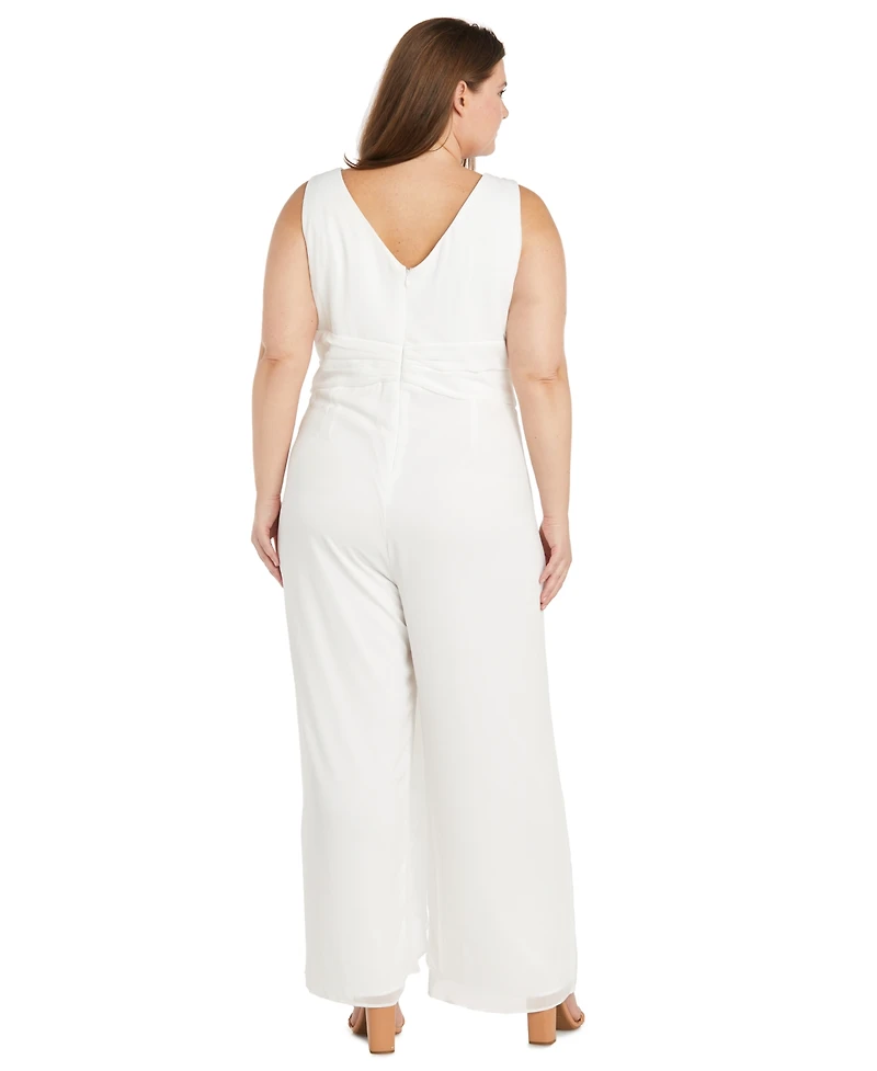 R & M Richards Plus Plunge-Neck Chiffon Jumpsuit