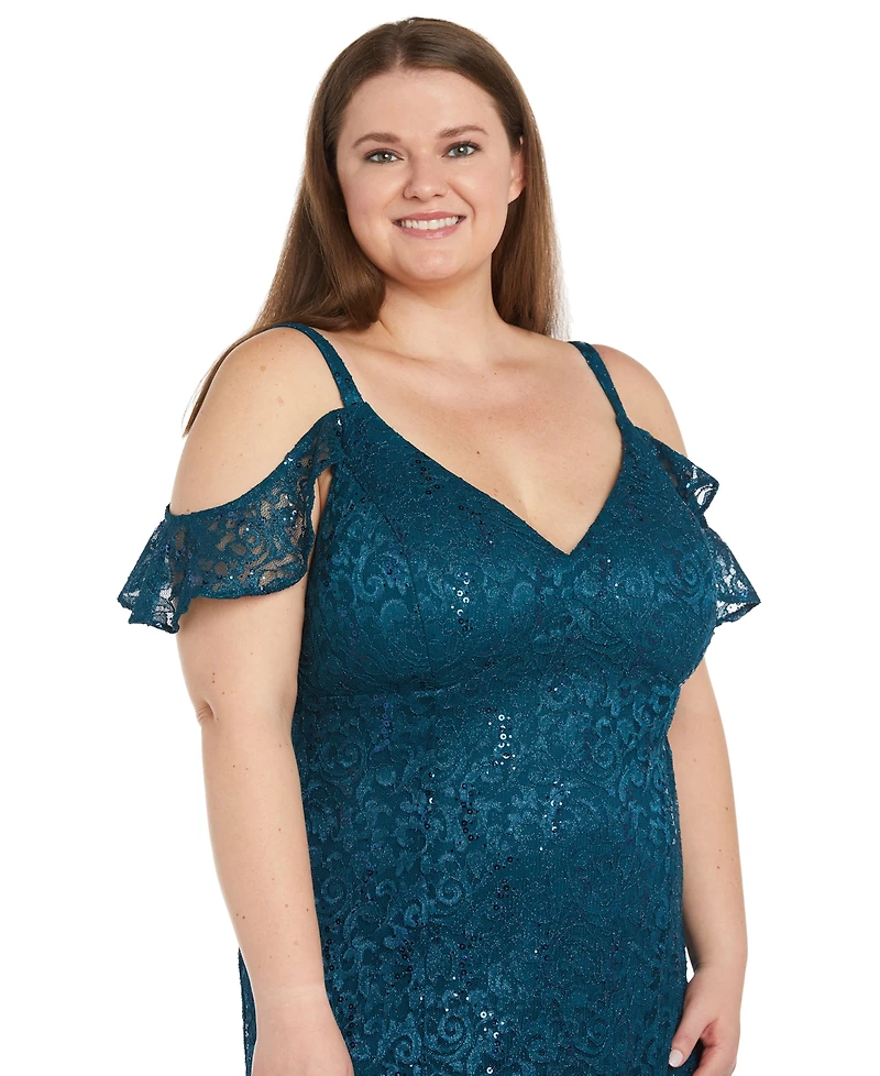 R & M Richards Plus Sequin Lace Cold-Shoulder Gown