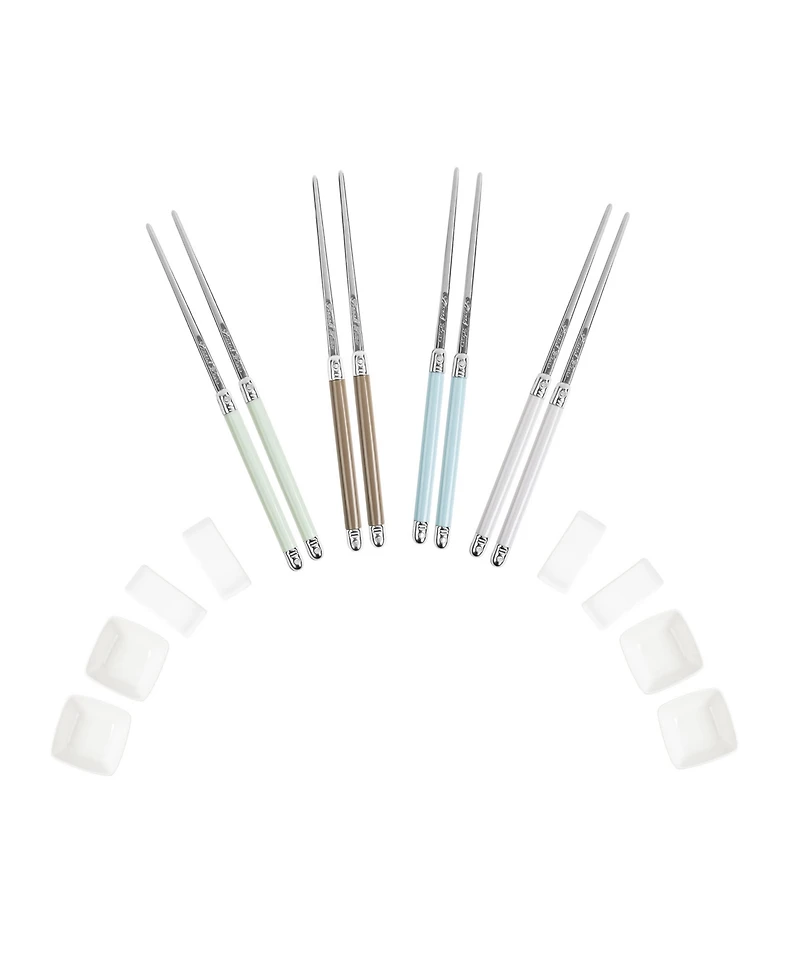 French Home Mother of Pearl Chopsticks, Ceramic Rests and Sauce Bowls, Set of 4 Pairs