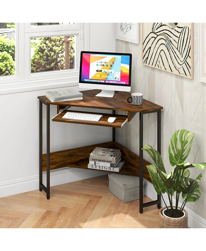 Sugift Triangle Corner Desk with Charging Station Keyboard Tray and Storage Shelf