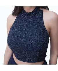 Raas Women's Navy Embellished Halter Crop Top and Draped Skirt Set