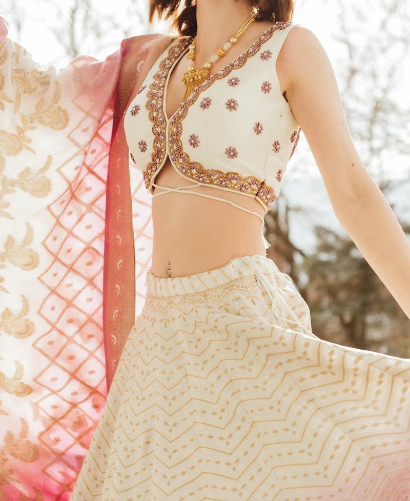 Raas Women's Off-White and Lilac Shaded Banarasi Silk Lehenga Choli