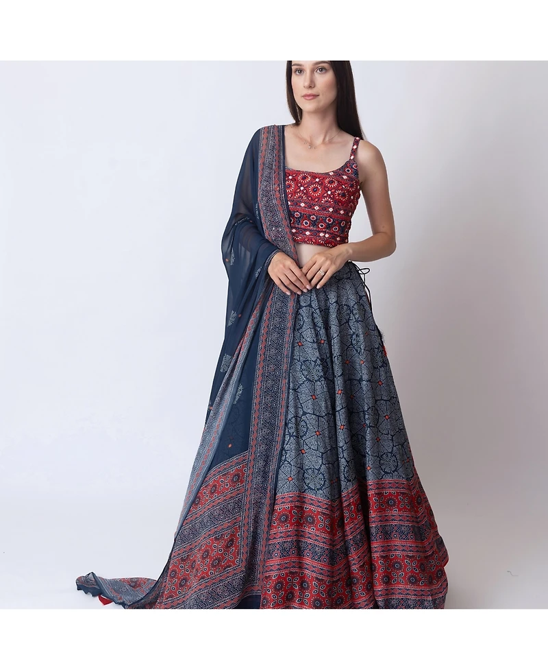 Raas Women's Blue and Red Bandhani Ajrakh Print Lehenga Choli