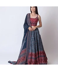 Raas Women's Blue and Red Bandhani Ajrakh Print Lehenga Choli