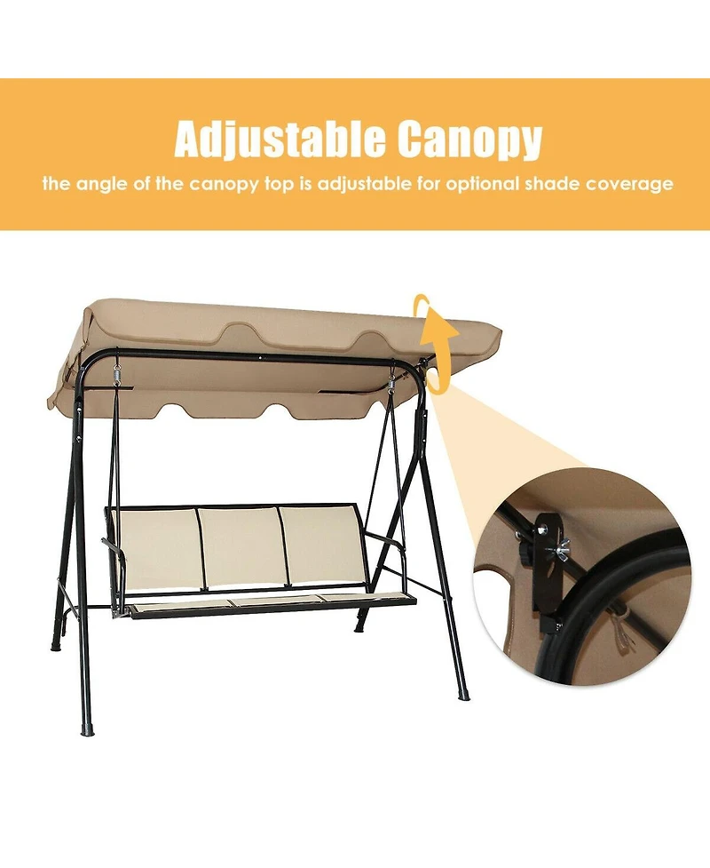 Sugift 3 Person Steel Frame Patio Swing with Polyester Angle and Adjustable Canopy
