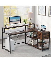 Tribesigns 55-inches Reversible L Shaped Desk with Drawer, Modern White Corner Home Office Table, Wooden and Metal Pc