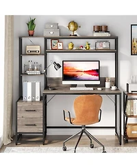 Tribesigns 55 Inch Computer Desk with 2 Drawers and Storage Shelves, Rustic Office Hutch, Study Writing Gaming Table Laptop Workstation