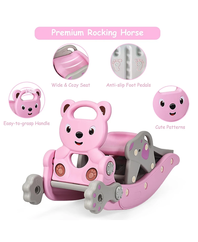 Baby Rocking Horse Slide Set 4-in-1 Kids Swing Toys w/Basketball Hoop Ferrule