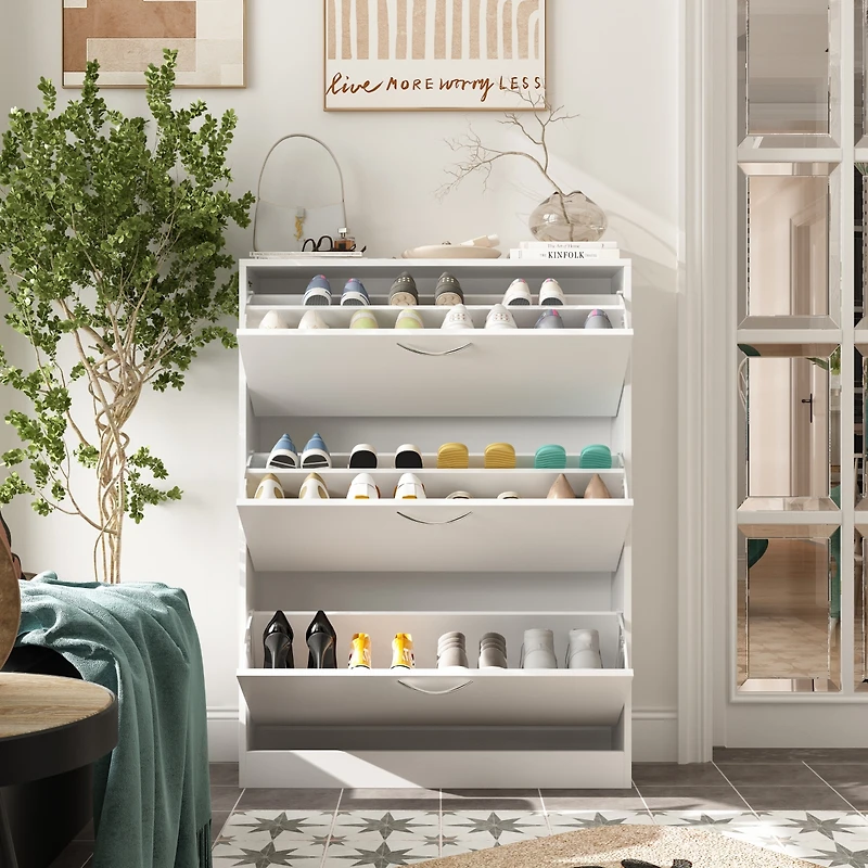 Homsee White Wooden Shoe Storage Cabinet,Fashion Shoes Cabinet with 3-Drawers