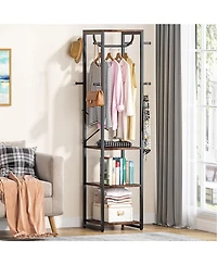 Tribesigns Coat Rack Freestanding with Shelves, Industrial Hall Tree with 4 Shelves and 8 Hooks, Standing Small Clothes Rack Closet Organizer