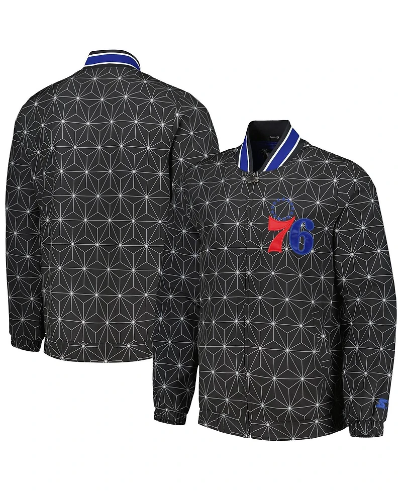 Starter Men's Black Philadelphia 76ers In-Field Play Fashion Satin Full-Zip Varsity Jacket